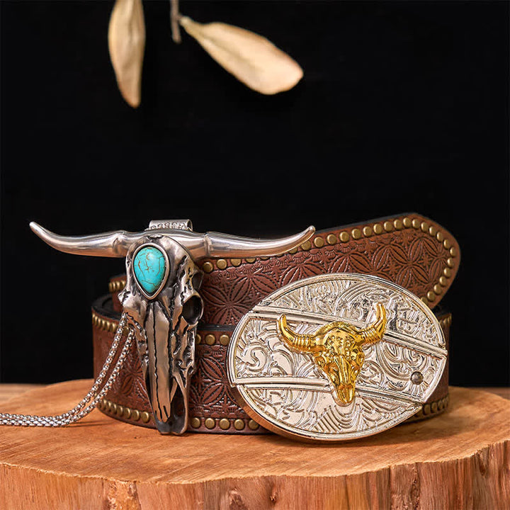 Gold & Silver DIY Hidden Knife Belt Buckle Turquoise Longhorn Pendant Bundle Set - Bull - Brown Rivet Belt - 42 - image 8