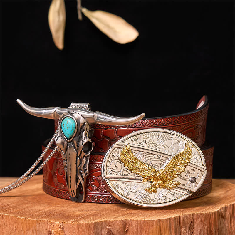 Gold & Silver DIY Hidden Knife Belt Buckle Turquoise Longhorn Pendant Bundle Set - Eagle - Brown Carved Belt - 42 - image 36