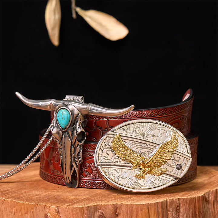Gold & Silver DIY Hidden Knife Belt Buckle Turquoise Longhorn Pendant Bundle Set - Eagle - Brown Carved Belt - 42 - image 36