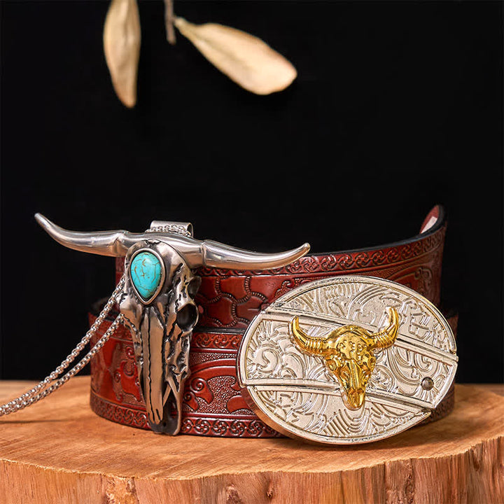 Gold & Silver DIY Hidden Knife Belt Buckle Turquoise Longhorn Pendant Bundle Set - Bull - Brown Carved Belt - 42 - image 10