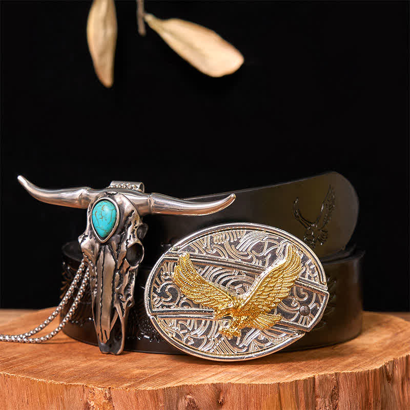 Gold & Silver DIY Hidden Knife Belt Buckle Turquoise Longhorn Pendant Bundle Set - Eagle - Black Embossed Eagle Belt - 42 - image 32