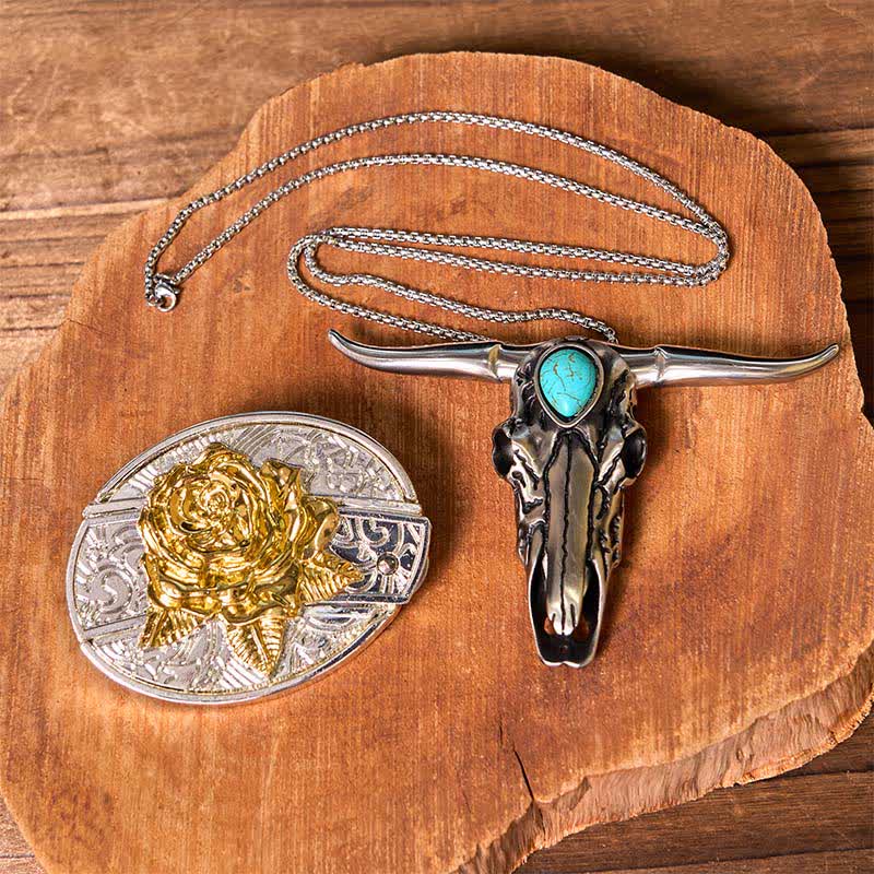 Gold & Silver DIY Hidden Knife Belt Buckle Turquoise Longhorn Pendant Bundle Set - Rose - Without Belt - Not Include Belt - image 20
