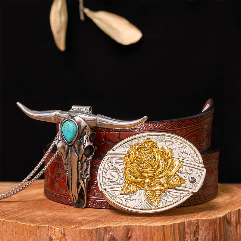 Gold & Silver DIY Hidden Knife Belt Buckle Turquoise Longhorn Pendant Bundle Set - Rose - Brown Carved Belt - 42 - image 27