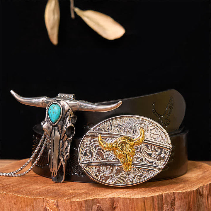 Gold & Silver DIY Hidden Knife Belt Buckle Turquoise Longhorn Pendant Bundle Set - Bull - Black Embossed Eagle Belt - 42 - image 6