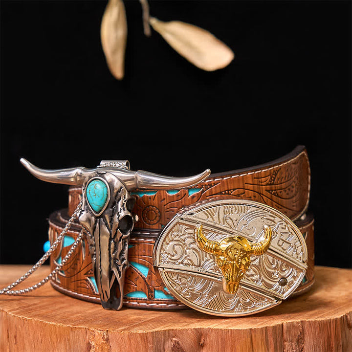 Gold & Silver DIY Hidden Knife Belt Buckle Turquoise Longhorn Pendant Bundle Set - Bull - Turquoise Carved Belt - 42 - image 7