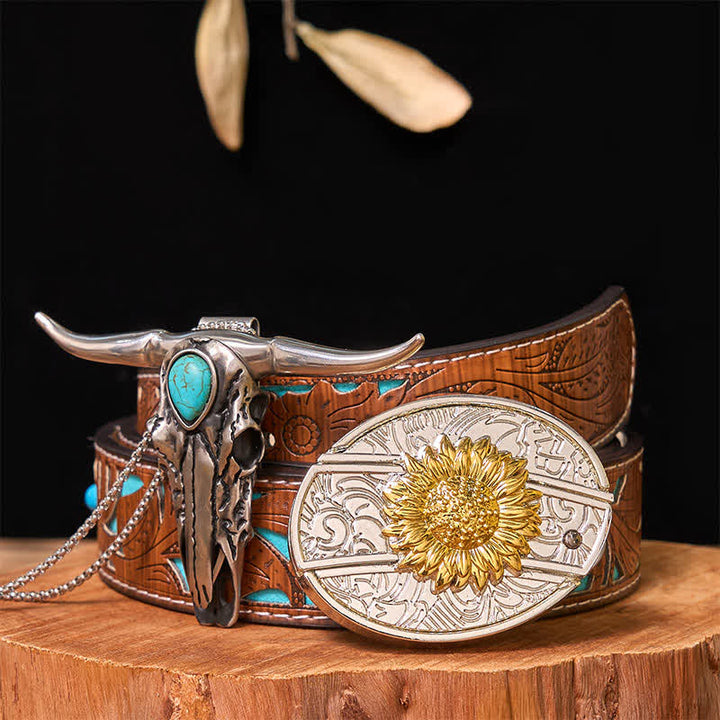 Gold & Silver DIY Hidden Knife Belt Buckle Turquoise Longhorn Pendant Bundle Set - Sunflower - Turquoise Carved Belt - 42 - image 15