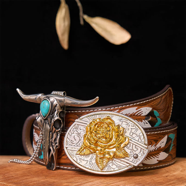 Gold & Silver DIY Hidden Knife Belt Buckle Turquoise Longhorn Pendant Bundle Set - Rose - Brown Feather Belt - 40 - image 28