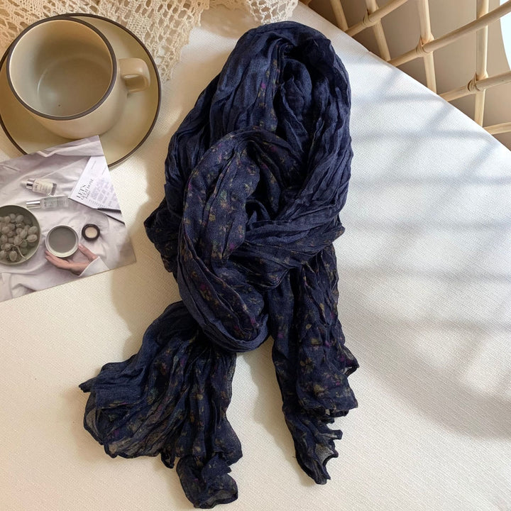 Women's Vintage Pleated Floral Thin Soft Scarf - #2 MidnightBlue - image 5