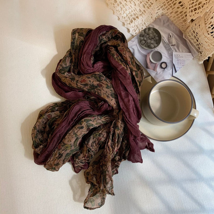 Women's Vintage Pleated Floral Thin Soft Scarf - #1 DarkRed - image 1