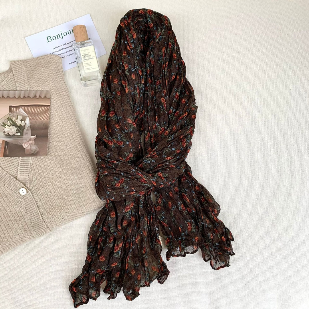 Women's Vintage Pleated Floral Thin Soft Scarf - #7 Dark Brown - image 11