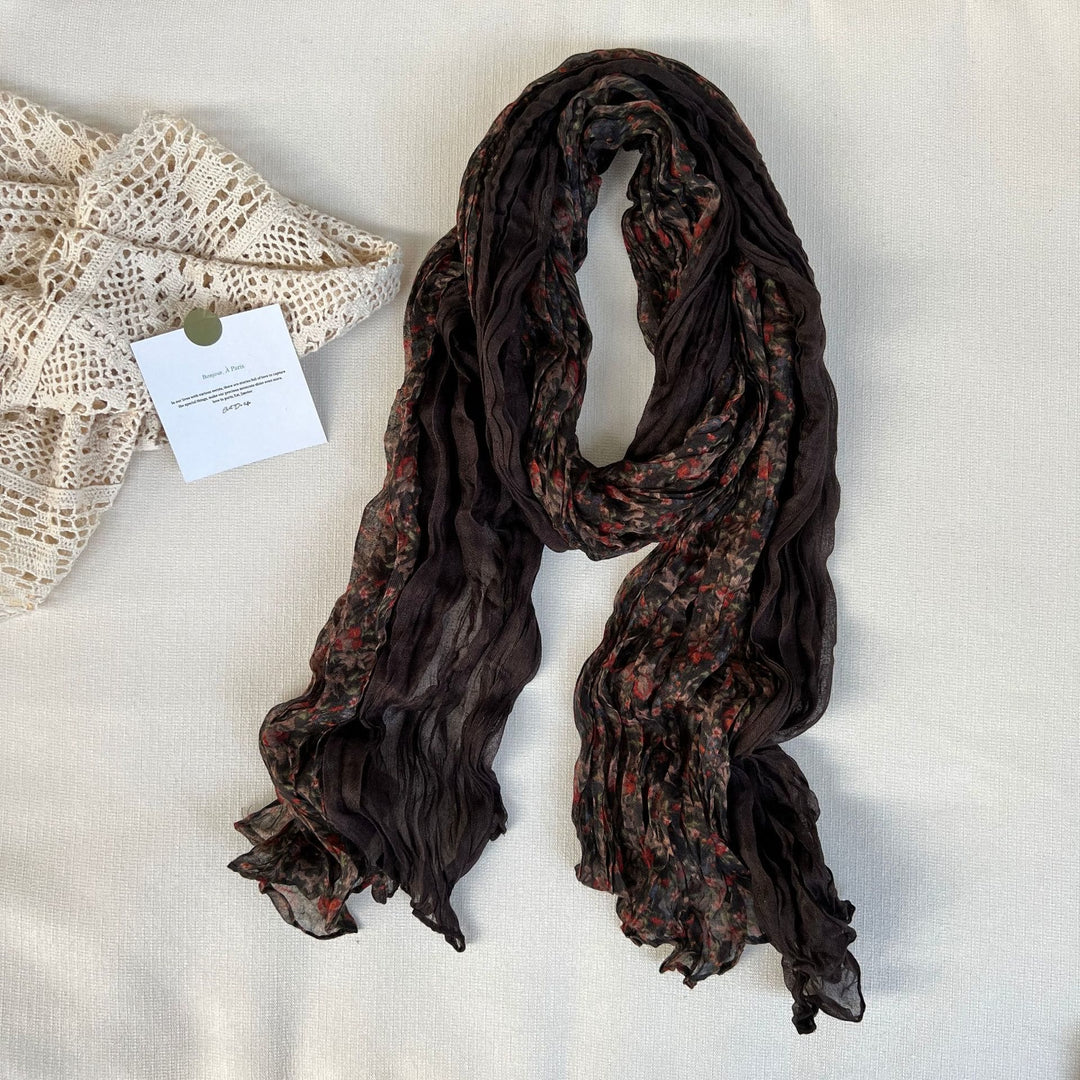 Women's Vintage Pleated Floral Thin Soft Scarf - #3 SaddleBrown - image 6