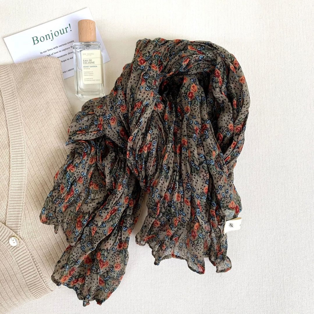 Women's Vintage Pleated Floral Thin Soft Scarf - #8 DarkKhaki - image 13