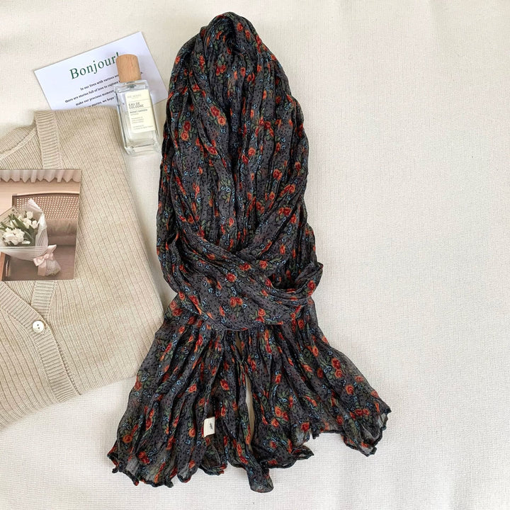 Women's Vintage Pleated Floral Thin Soft Scarf