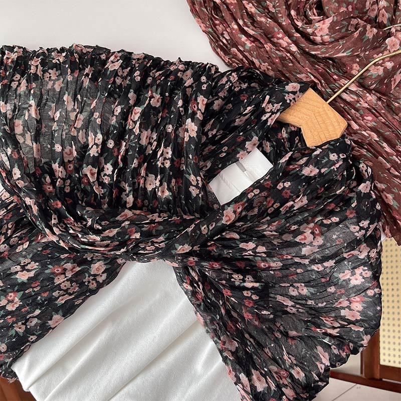 Women's Spring Pleated Floral Pattern Soft Scarf - #4 Black - image 11