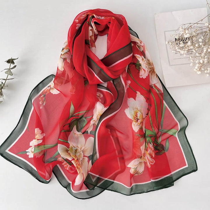 Women's Soft Summer Chiffon Flower Pattern Beach Sunscreen Scarf - #33 Red Hibiscus Mutabilis - image 34