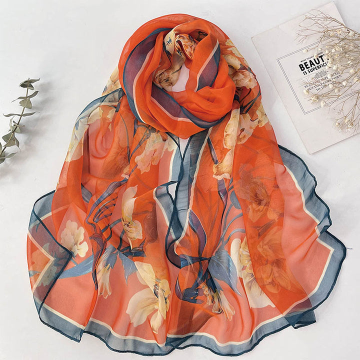 Women's Soft Summer Chiffon Flower Pattern Beach Sunscreen Scarf - #34 Orange Hibiscus Mutabilis - image 35