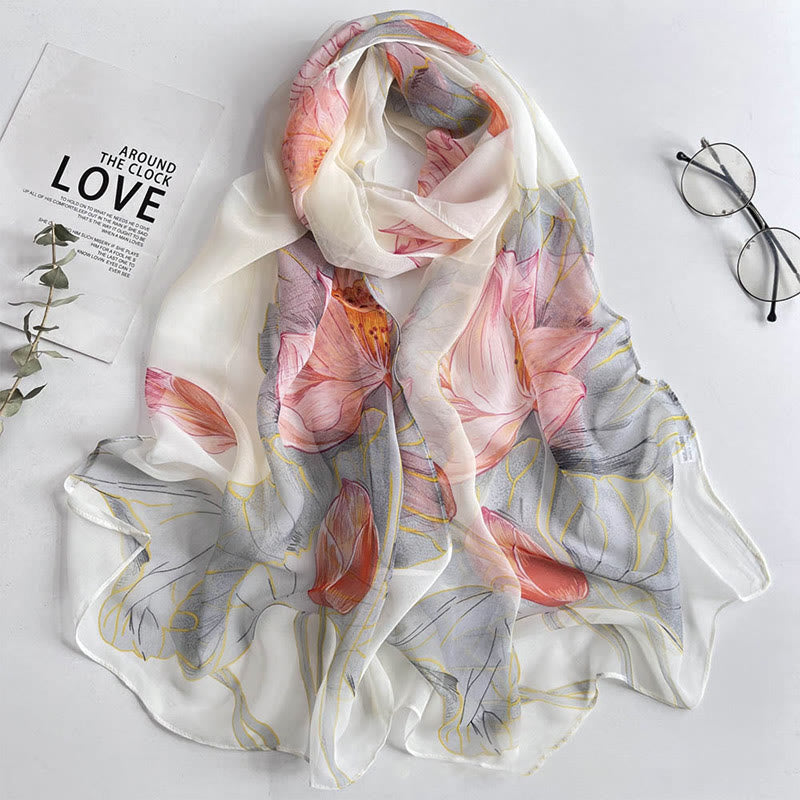 Women's Soft Summer Chiffon Flower Pattern Beach Sunscreen Scarf - #39 Light Pink Lotus - image 39