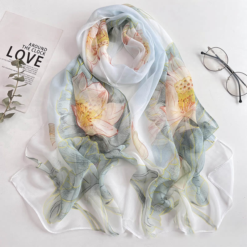 Women's Soft Summer Chiffon Flower Pattern Beach Sunscreen Scarf - #36 Lotus - image 36