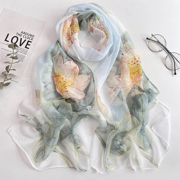 Women's Soft Summer Chiffon Flower Pattern Beach Sunscreen Scarf - #36 Lotus - image 36