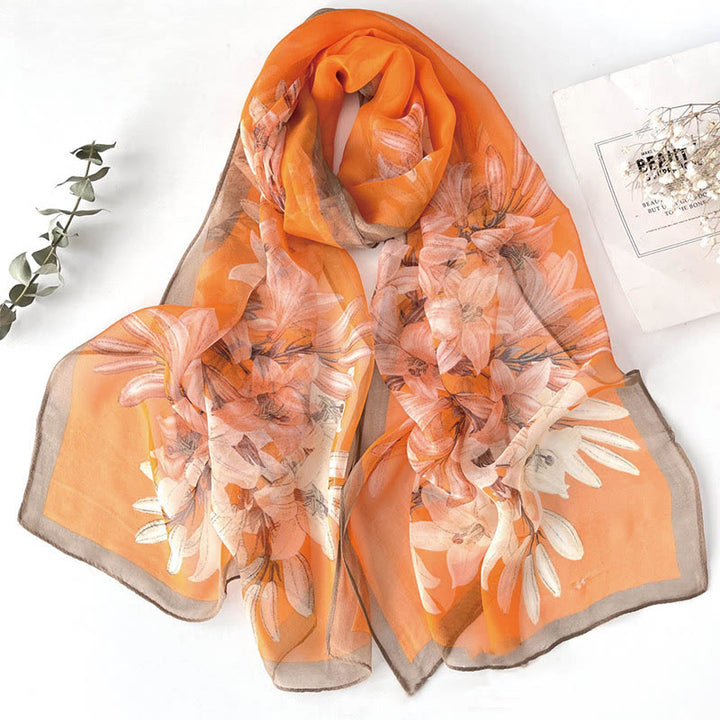 Women's Soft Summer Chiffon Flower Pattern Beach Sunscreen Scarf - #17 Orange Lily - image 18