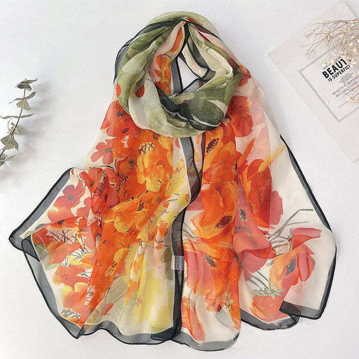 Women's Soft Summer Chiffon Flower Pattern Beach Sunscreen Scarf - #30 Green Corn Poppy - image 31