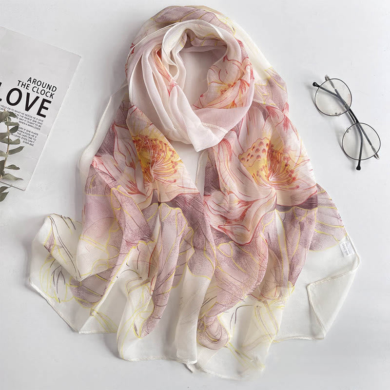 Women's Soft Summer Chiffon Flower Pattern Beach Sunscreen Scarf - #38 Wheat Lotus - image 38