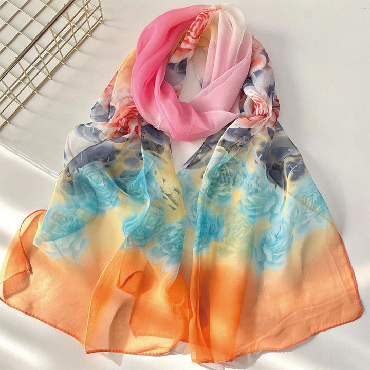 Women's Soft Summer Chiffon Flower Pattern Beach Sunscreen Scarf - #41 Blue Rose - image 41