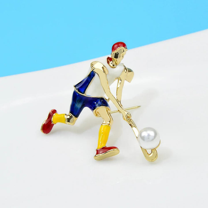Cartoon Ice Hockey Player Brooch Gold Shirt Accessories - Blue - image 6