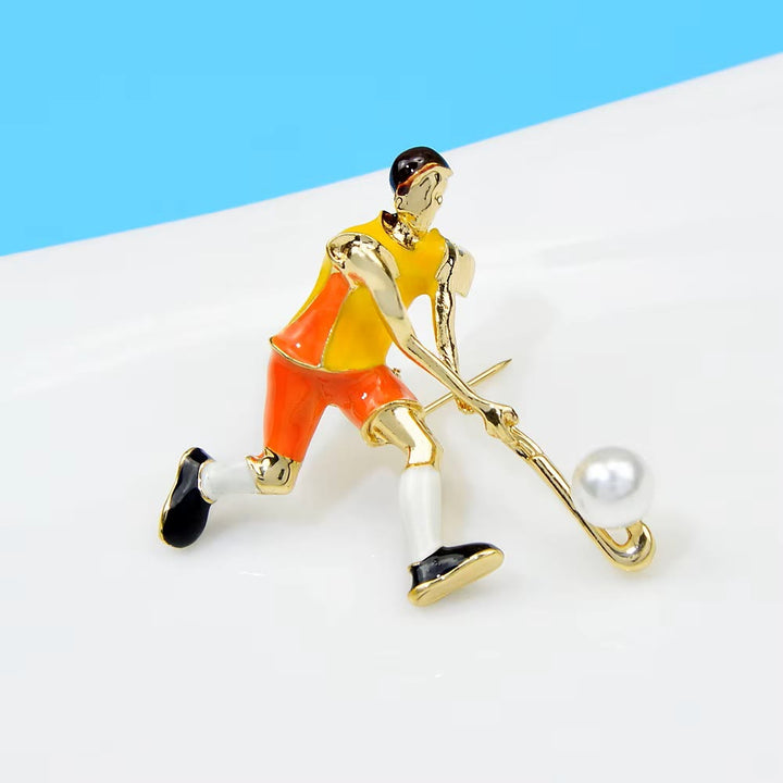 Cartoon Ice Hockey Player Brooch Gold Shirt Accessories - Orange - image 0