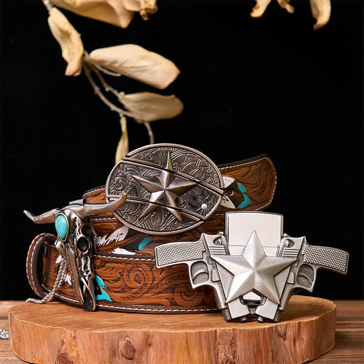 DIY Star Hidden Knife Belt Buckle Lighter Turquoise Longhorn Pendant Bundle Set - Star - Brown Feather Belt - 40 - image 10