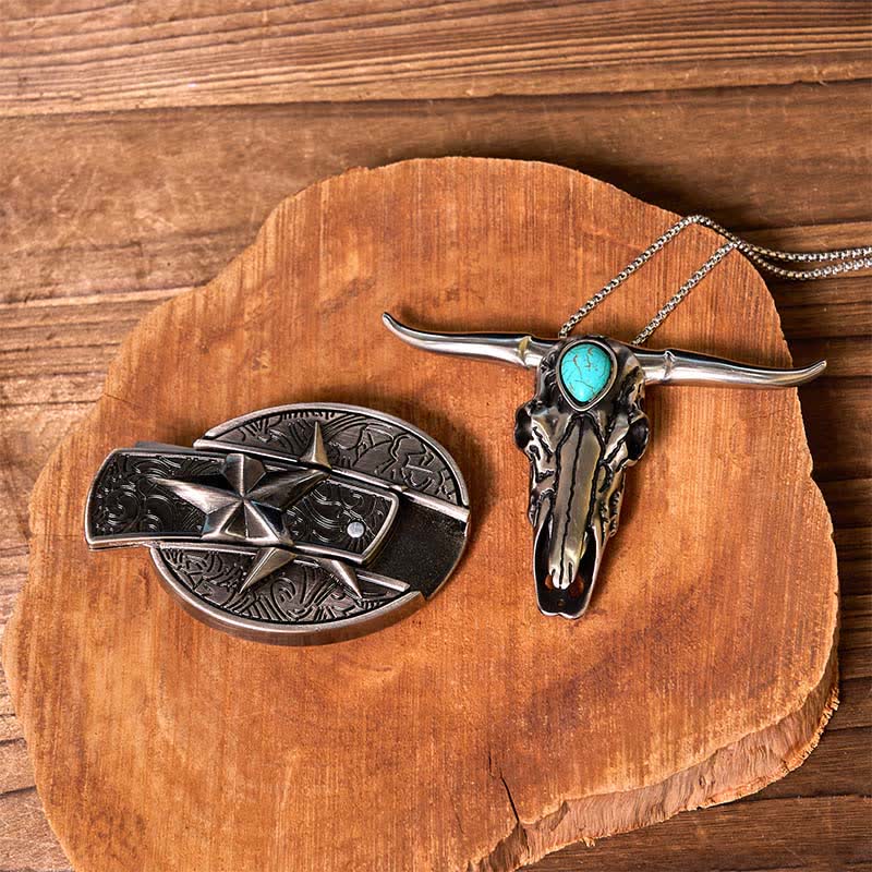 DIY Star Hidden Knife Belt Buckle Lighter Turquoise Longhorn Pendant Bundle Set - image 4