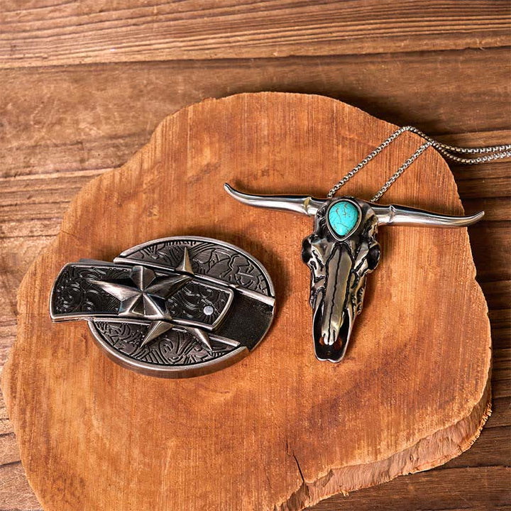 DIY Star Hidden Knife Belt Buckle Lighter Turquoise Longhorn Pendant Bundle Set - image 4