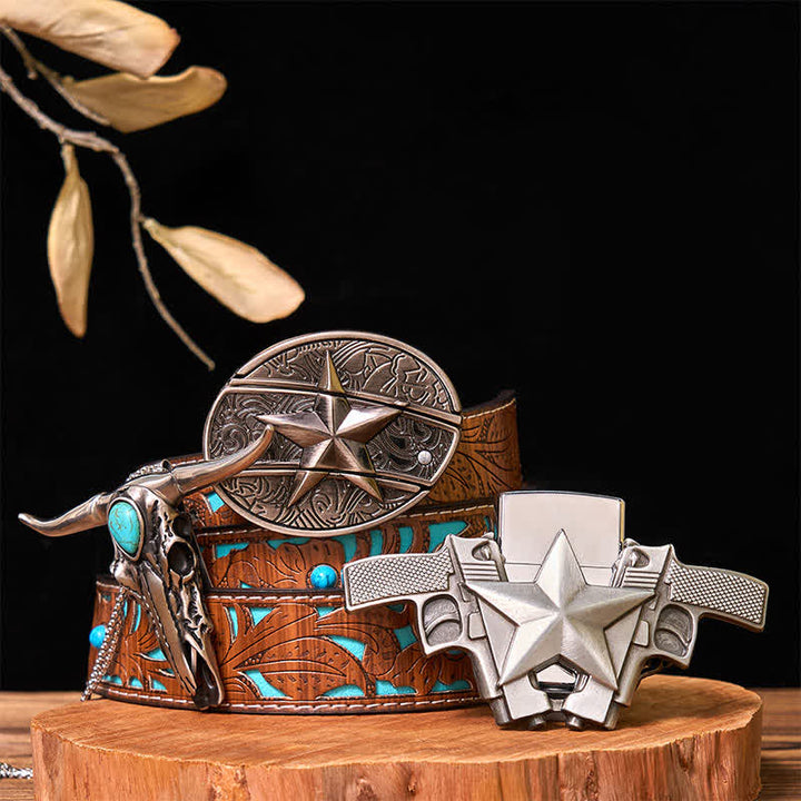 DIY Star Hidden Knife Belt Buckle Lighter Turquoise Longhorn Pendant Bundle Set - Star - Turquoise Carved Belt - 42 - image 0