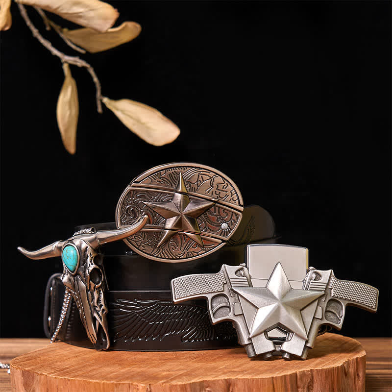 DIY Star Hidden Knife Belt Buckle Lighter Turquoise Longhorn Pendant Bundle Set - Star - Black Embossed Eagle Belt - 42 - image 6