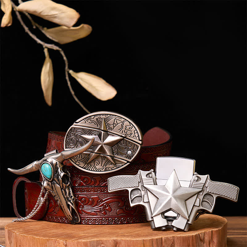 DIY Star Hidden Knife Belt Buckle Lighter Turquoise Longhorn Pendant Bundle Set - Star - Brown Carved Belt - 42 - image 9
