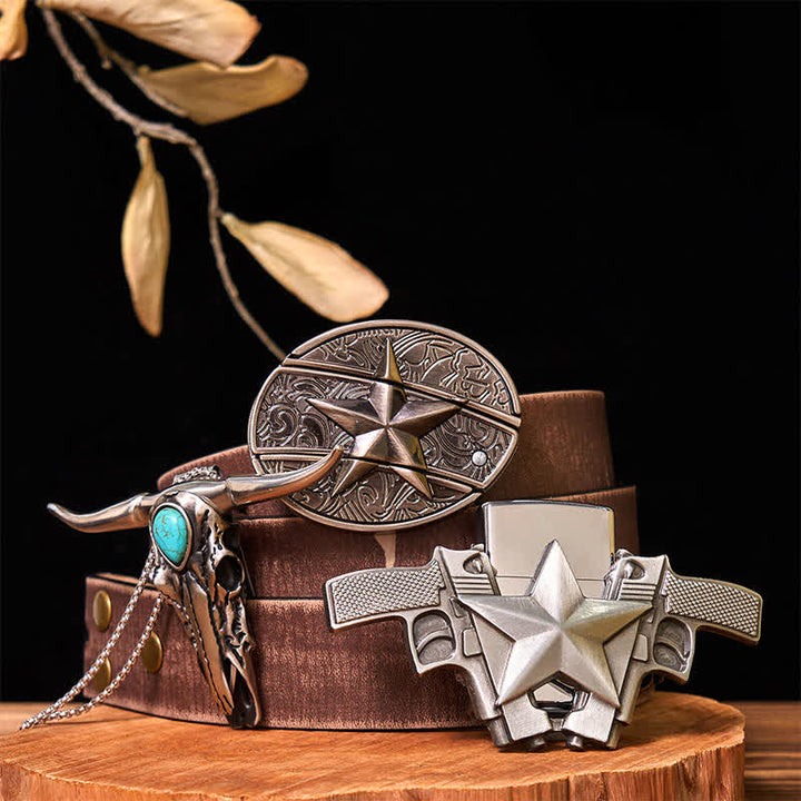 DIY Star Hidden Knife Belt Buckle Lighter Turquoise Longhorn Pendant Bundle Set - Star - Brown Distressed Belt - 42 - image 8