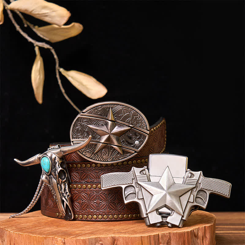 DIY Star Hidden Knife Belt Buckle Lighter Turquoise Longhorn Pendant Bundle Set - Star - Brown Rivet Belt - 42 - image 7