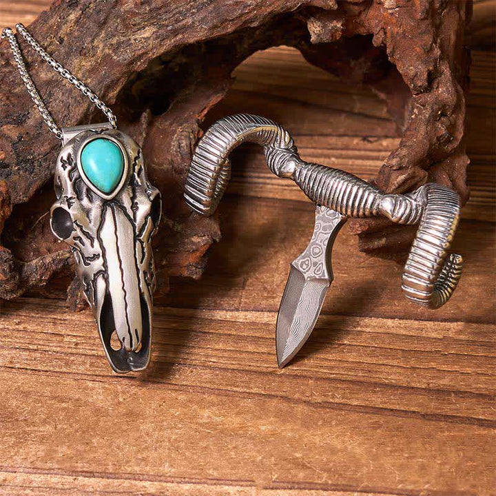 Turquoise Skull Sheep Multi-function Silver Pendant Belt Buckle - image 6