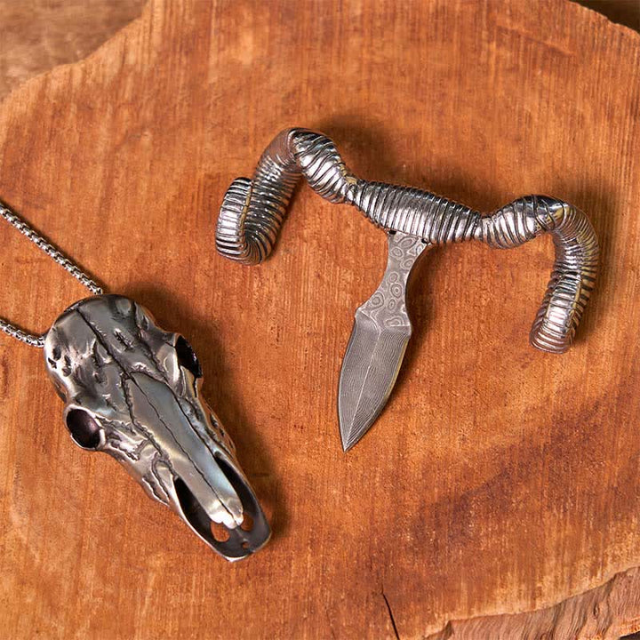 Silver Skull Sheep D2 Stainless Steel  Knife Pendant Belt Buckle (Pre-Sale)