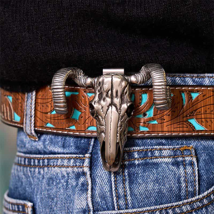 Silver Skull Sheep Multi-function Pendant Belt Buckle