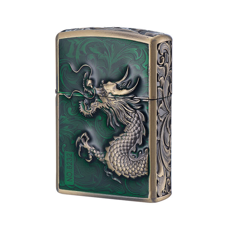 Carved Rise Dragon Relief Refillable Kerosene Lighter - Green - image 0