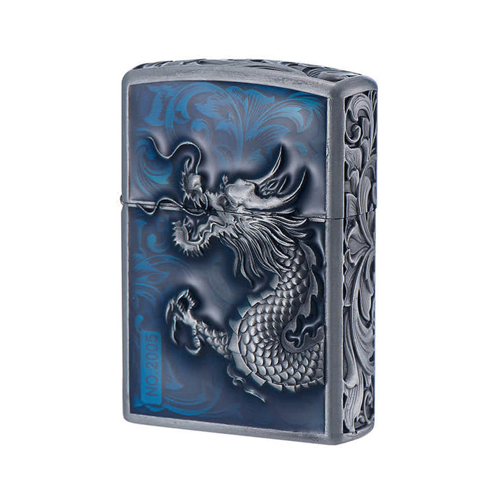 Carved Rise Dragon Relief Refillable Kerosene Lighter - Blue - image 2