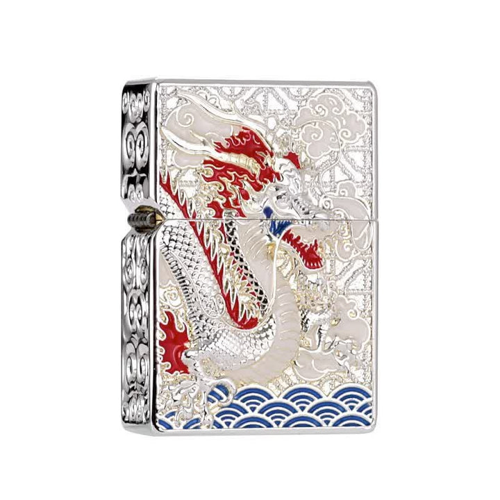 Two-Sided Luxury Dragon Relief Refillable Kerosene Lighter - Silver - image 5