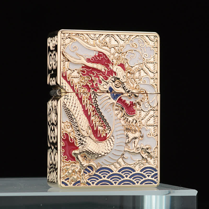Two-Sided Luxury Dragon Relief Refillable Kerosene Lighter - Gold - image 0