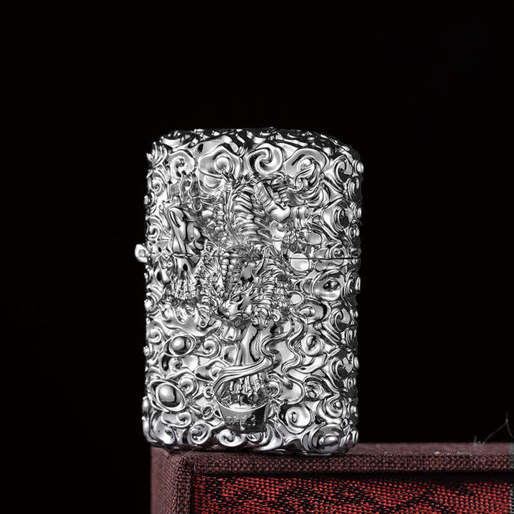Mythical Wild Animal Carving Refillable Kerosene Lighter - Silver - image 8
