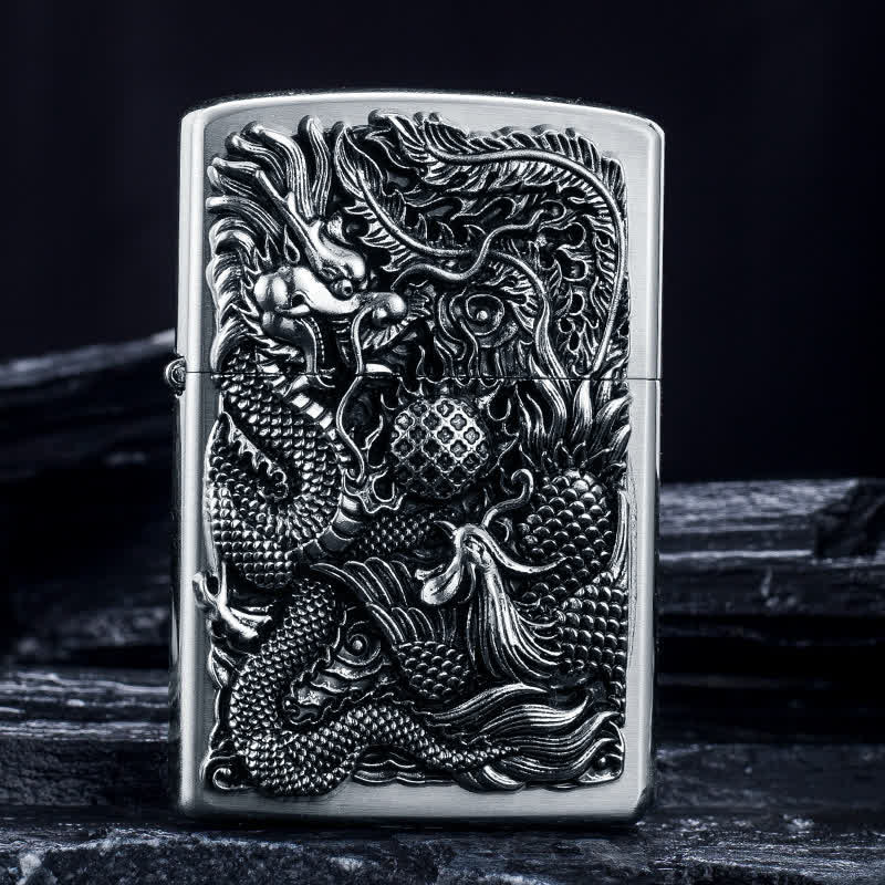 Relief Stamp Dragon Phoenix Refillable Kerosene Lighter - Silver - image 6