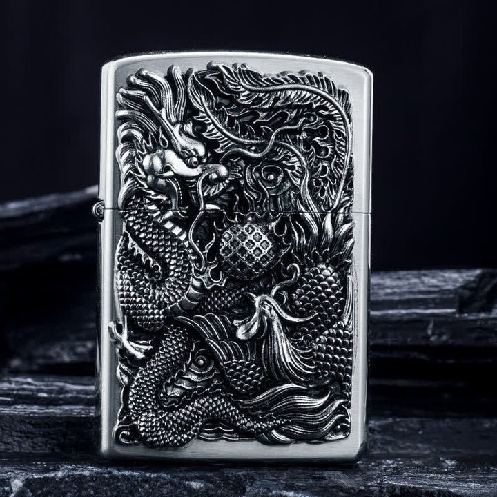 Relief Stamp Dragon Phoenix Refillable Kerosene Lighter - Silver - image 6