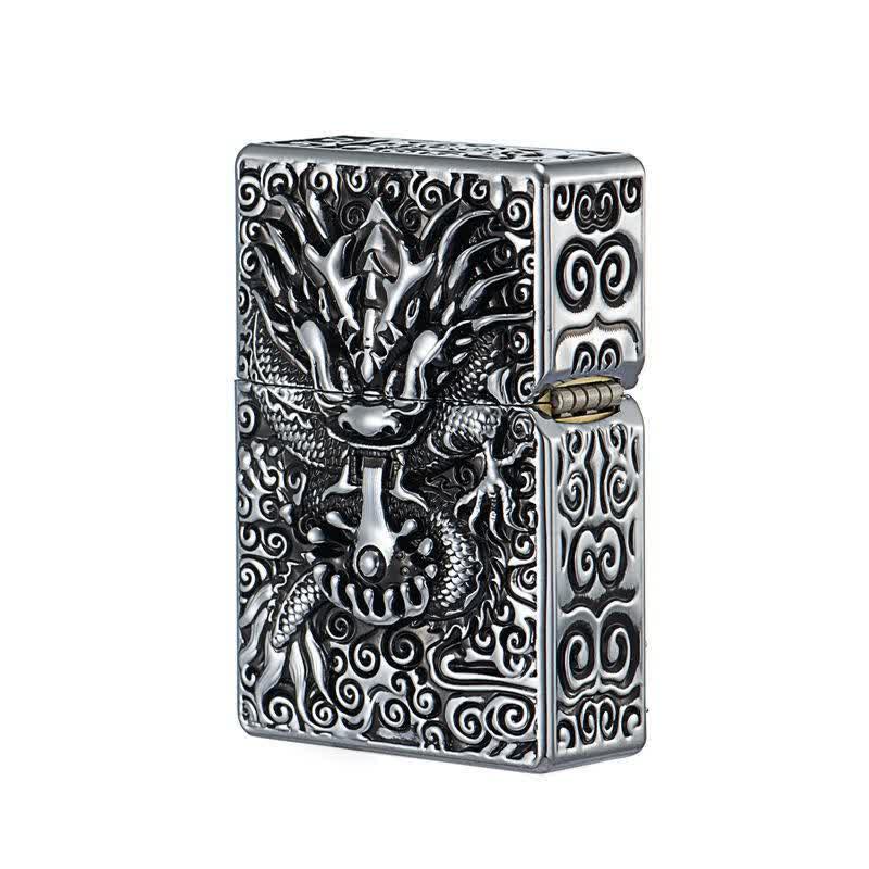 Classical Carving Dragon Refillable Kerosene Lighter - Antique Silver - image 5