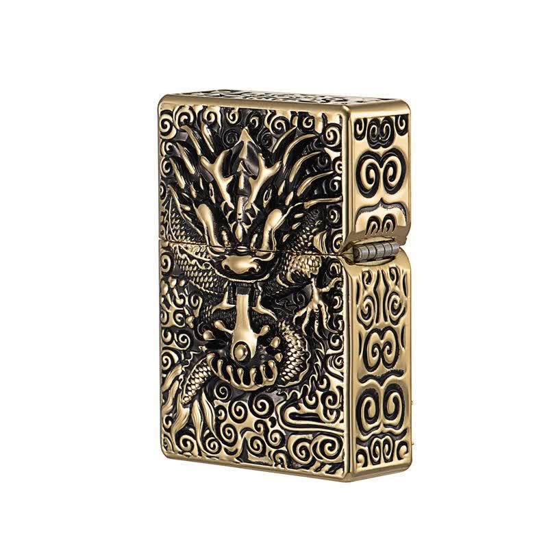 Classical Carving Dragon Refillable Kerosene Lighter - Antique Gold - image 1