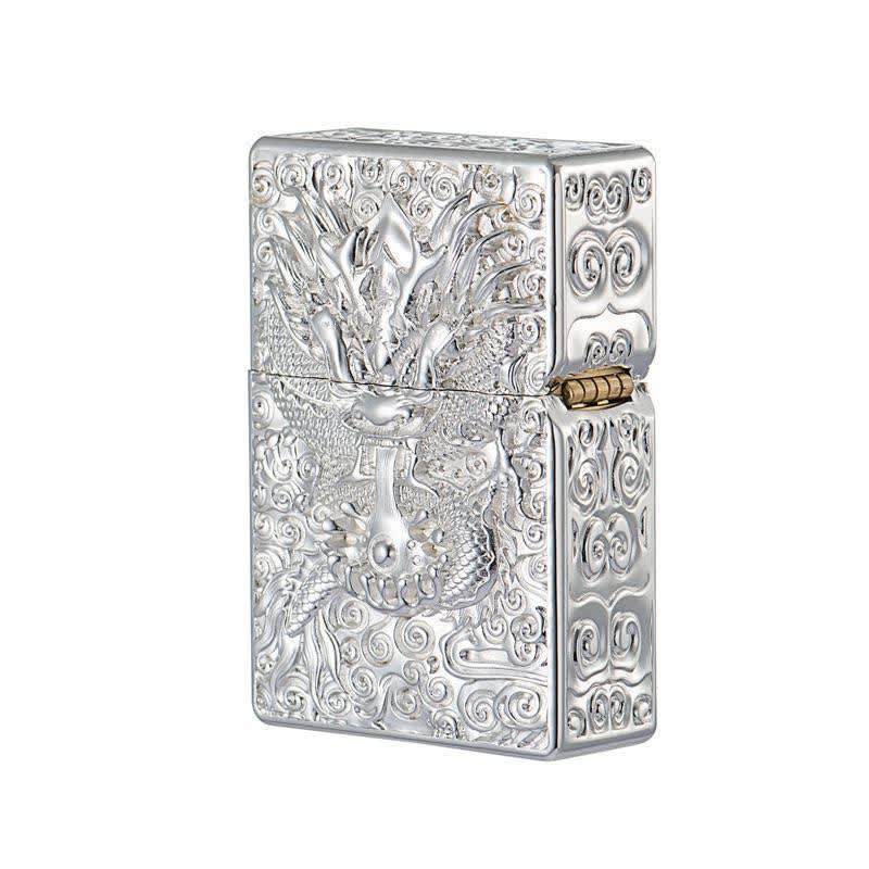 Classical Carving Dragon Refillable Kerosene Lighter - Silver - image 8